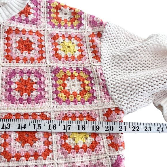 Zara White Multicolor Granny Square Crochet Knit Crewneck Sweater Size Small - Picture 5 of 6